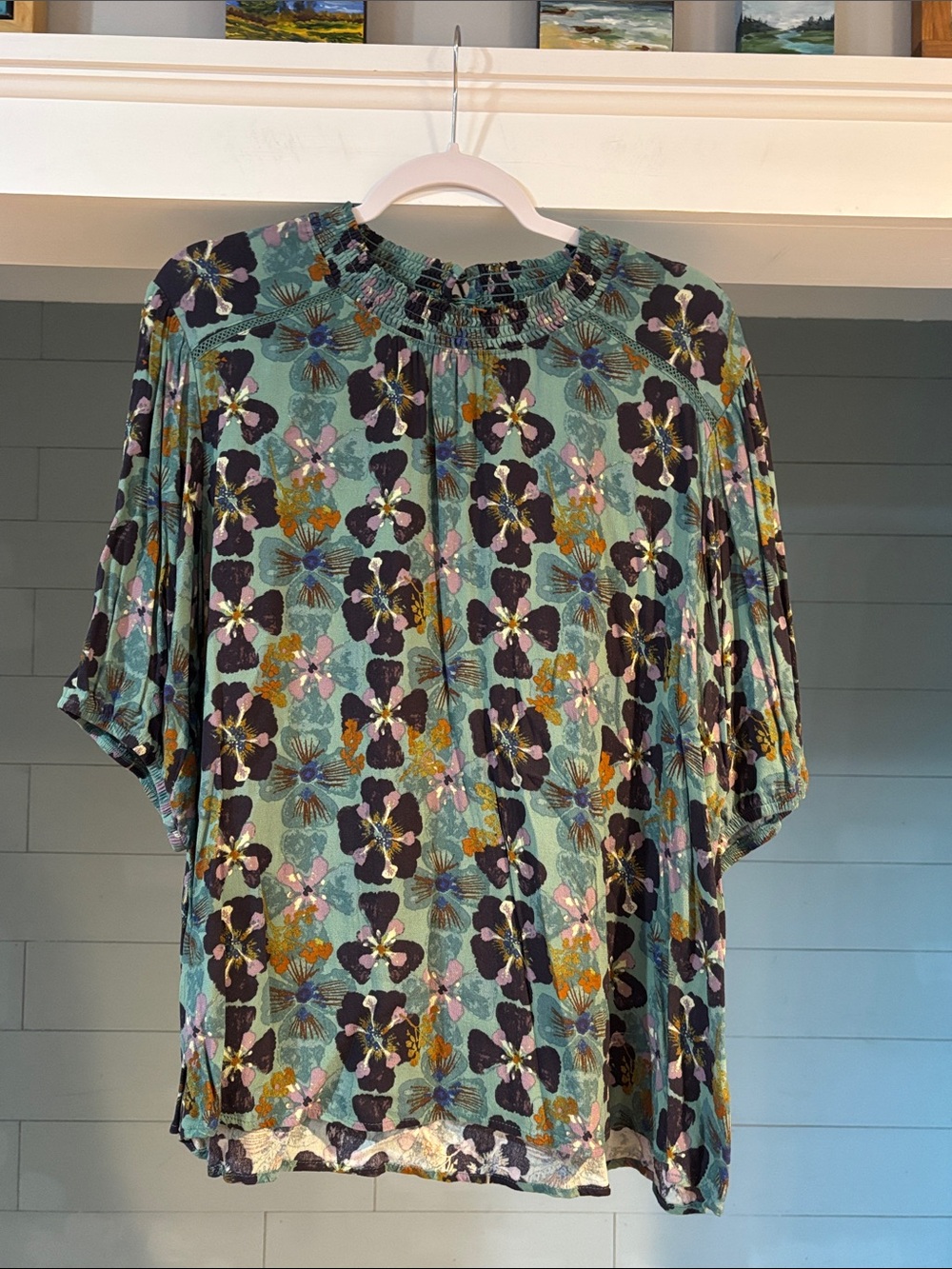 Knox Rose Teal‎ Floral Smocked-Neck Blouse